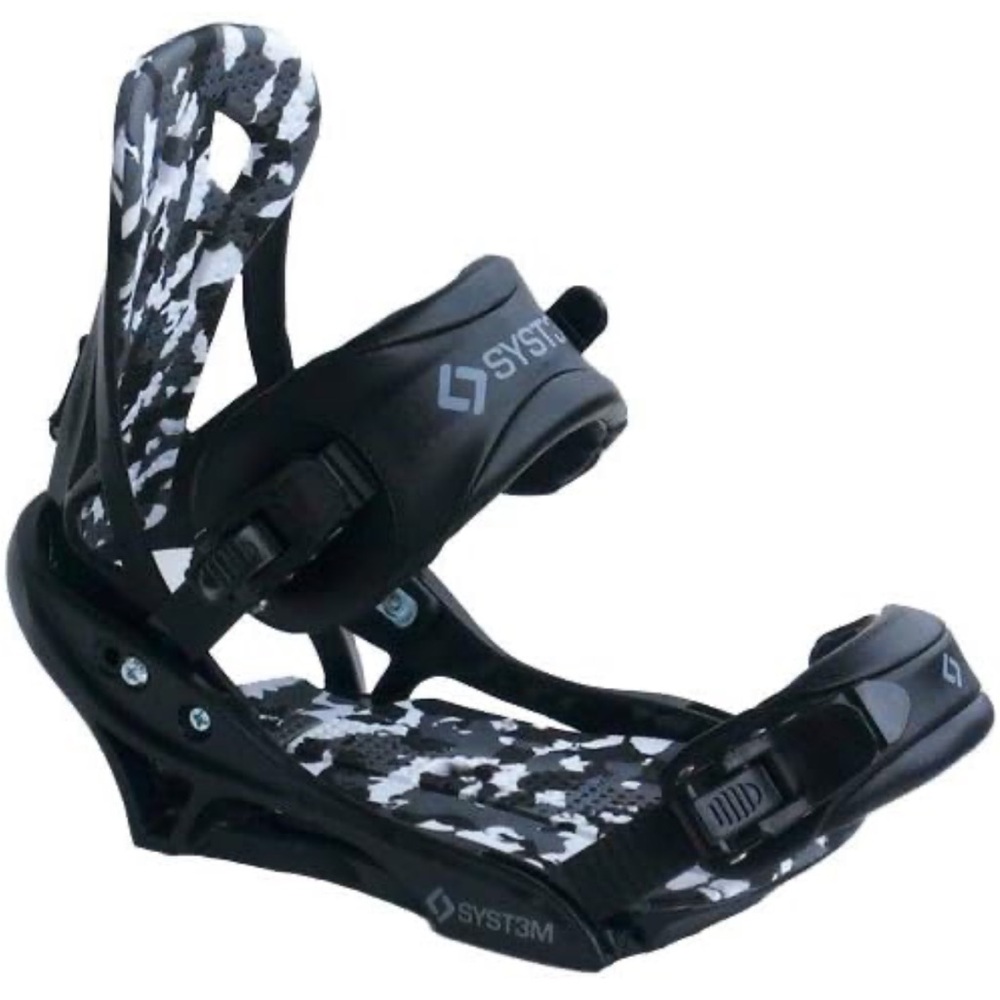 NWOT System APX Syst3m Men's Snowboard Binding Black Camo, Size 8-14. ONE